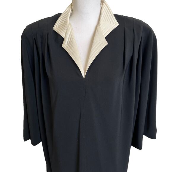 Vintage 80s Saks Fifth Avenue Batwing Dress Crepe 10 Black Ivory Shoulder Pads - Picture 4 of 15